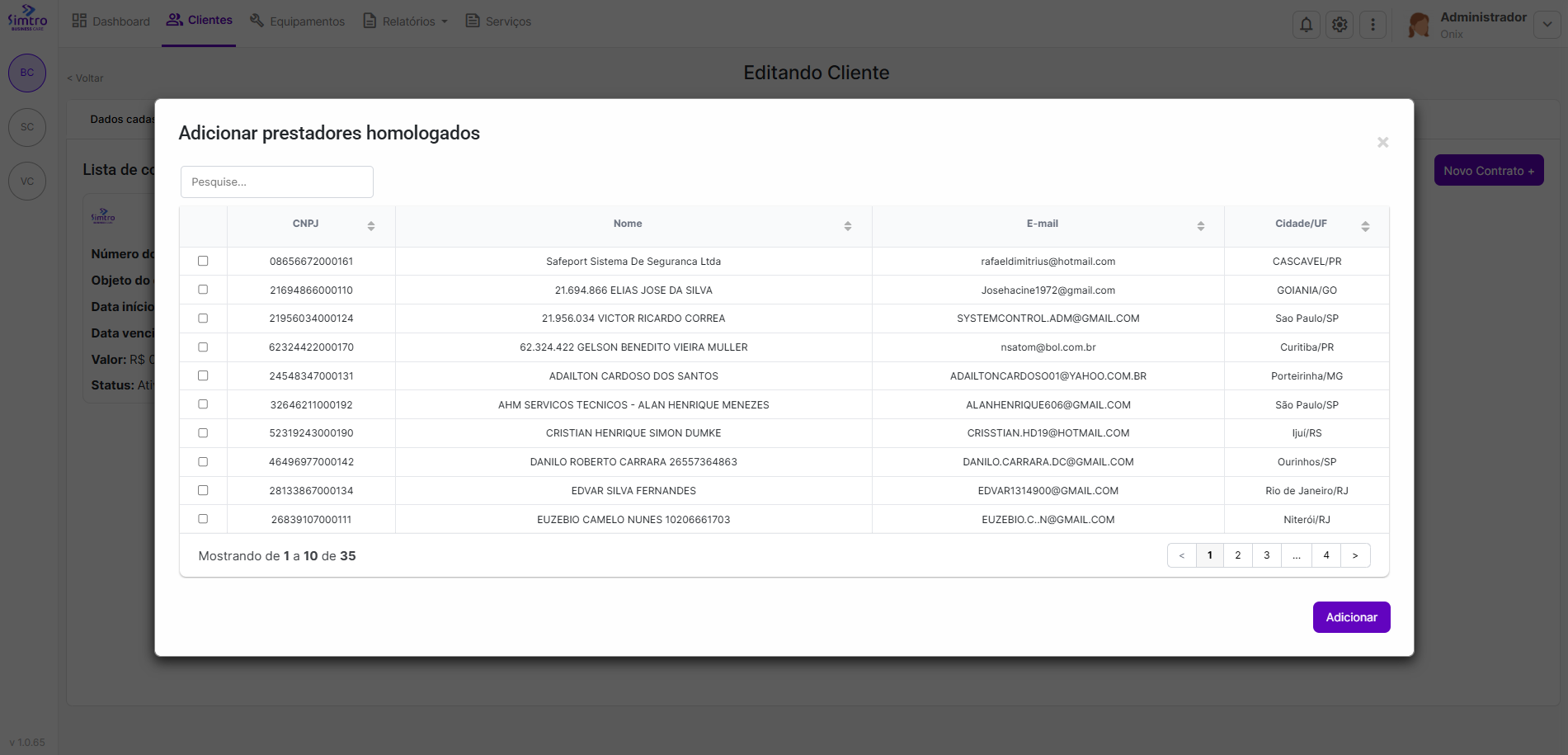 Overview da aba Contratos
