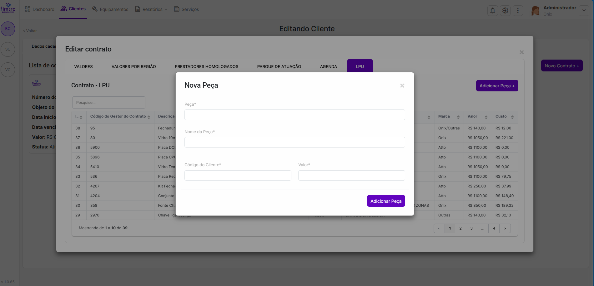 Overview da aba Contratos