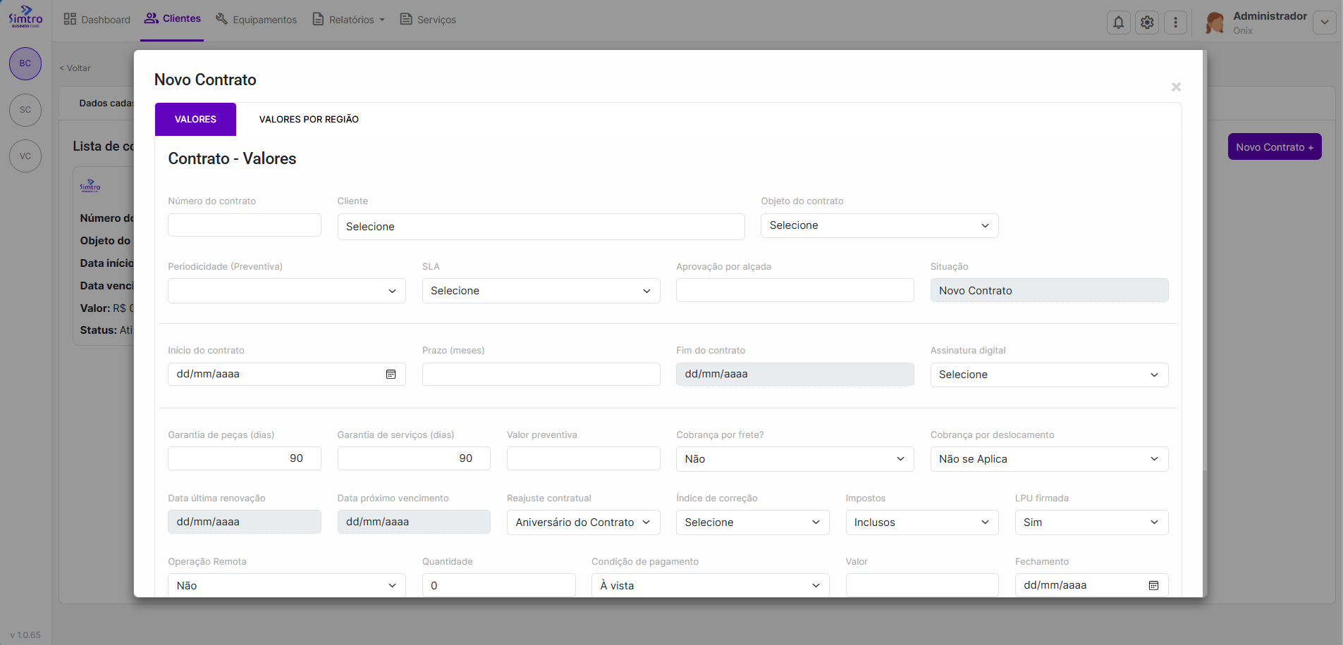 Overview da aba Contratos