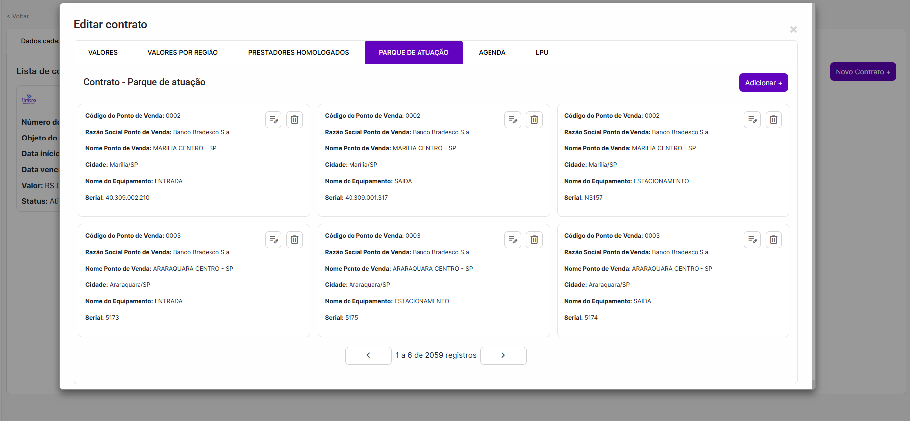 Overview da aba Contratos