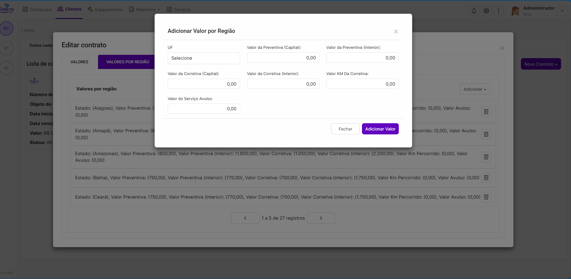 Overview da aba Contratos